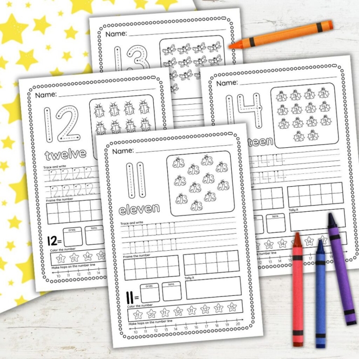 Image title: Fun activity to arrange the number train cars in the correct sequence ALT text: Colorful Teen Number Train worksheet for kindergarten students to practice number ordering