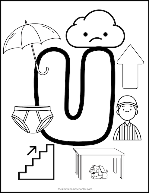 Engaging title for pre-K students to practice letter sounds and enjoy coloring activities Colorful U Is For... worksheet designed for preschoolers to learn about the letter U