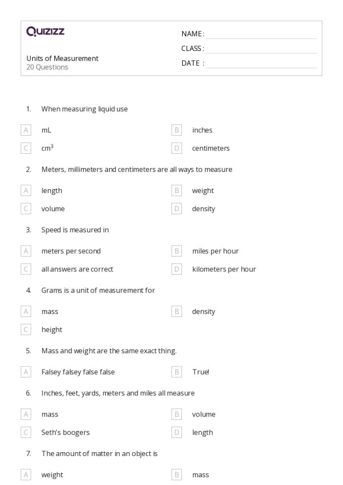 Engaging quiz-style worksheet for learning measurement concepts Colorful units of measurement worksheet designed for fourth graders