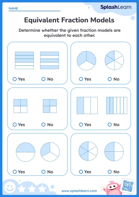 Colorful worksheet illustrating equivalent fractions using visual models for fourth graders