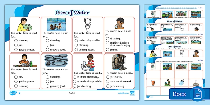Word Families worksheet for Pre-K Colorful water worksheet for Pre-K students exploring various uses of water beyond drinking. Engaging activities for kids to develop reasoning skills in social studies.