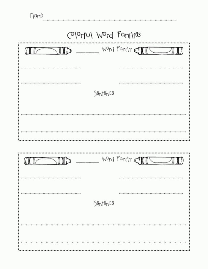 Colorful worksheet featuring word families "op", "an", and "at" for kindergarten students