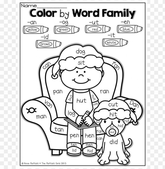 Colorful worksheet featuring word families for "op", "an", and "at" for kindergarten students