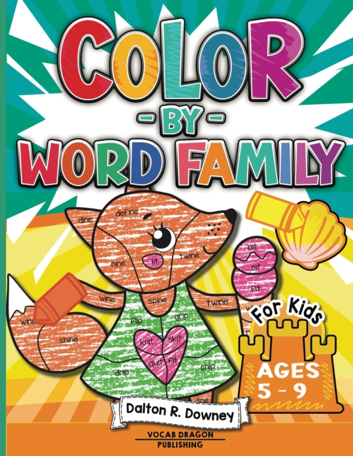 Colorful worksheet featuring word families "op", "an", and "at" for kindergarten students