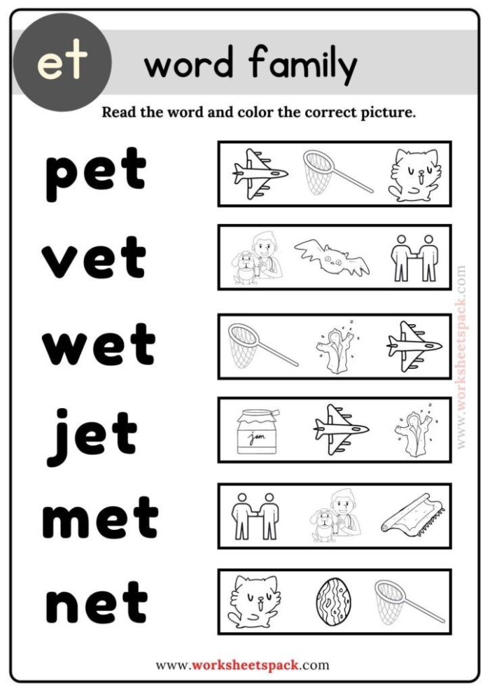 Colorful worksheet featuring word families "op," "an," and "at" for kindergarten students