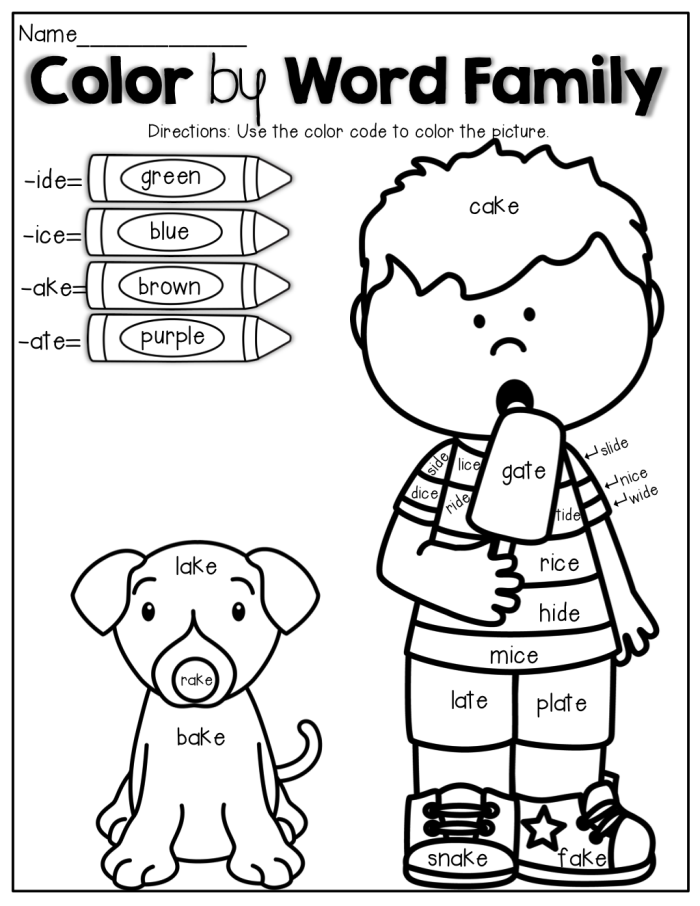 Colorful worksheet featuring word families "op", "an", and "at" for kindergarten students