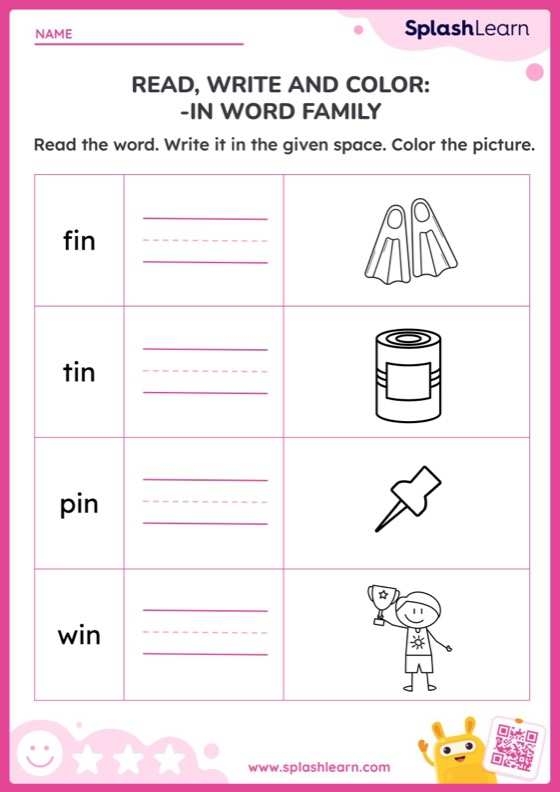 Colorful worksheet featuring word families "op", "an", and "at" for kindergarten students