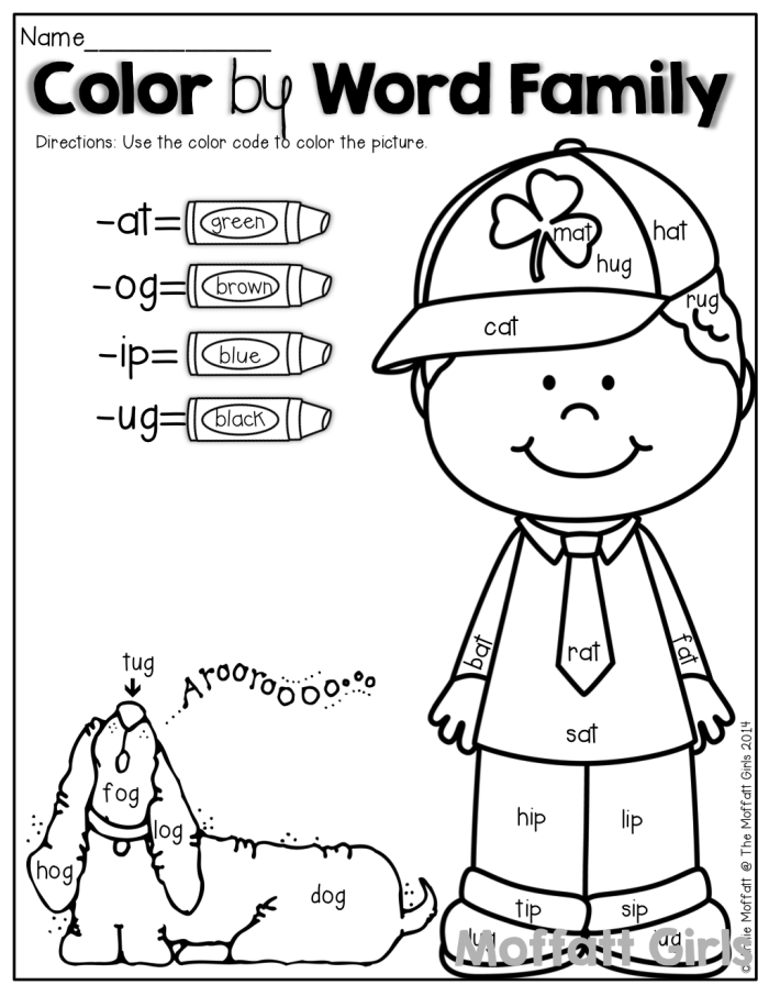 Colorful worksheet showcasing word families for "op", "an", and "at" for kindergarten students