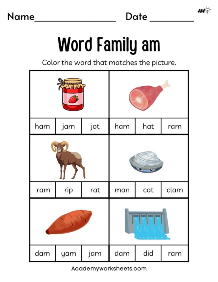 Colorful worksheet for kindergarten students to practice op, an, and at word families