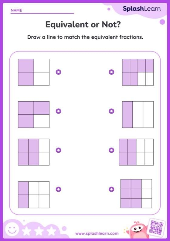 Colorful worksheet illustrating equivalent fractions using visual models for fourth graders