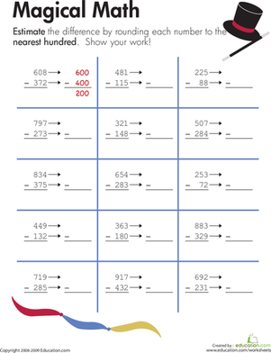 Colorful worksheet for third graders teaching rounding to estimate differences between numbers