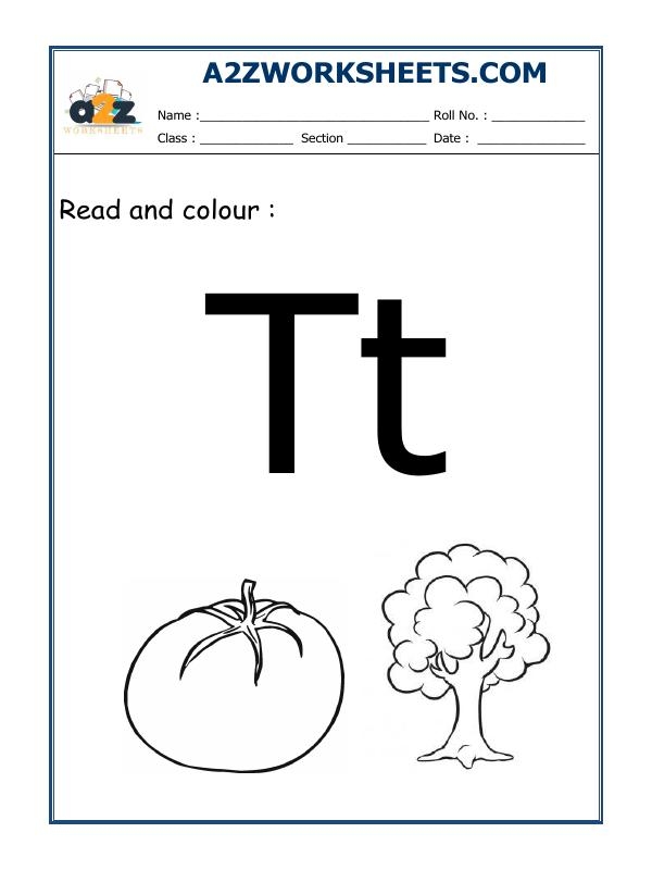 Interactive educational image for a Pre-K Life Science alphabet activity Colorful T Is For... worksheet designed for preschoolers to learn the letter T and its sounds