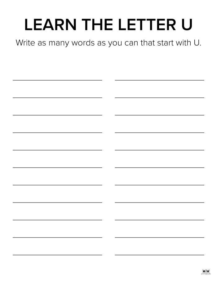 Engaging worksheet to help young children practice the alphabet and enjoy coloring Colorful U Is For... worksheet designed for preschoolers to learn letter U sounds