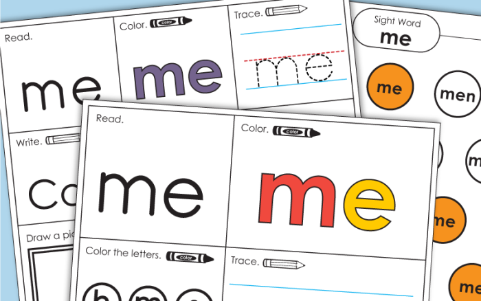 Colorful decoupage worksheet for early literacy featuring the sight word "me