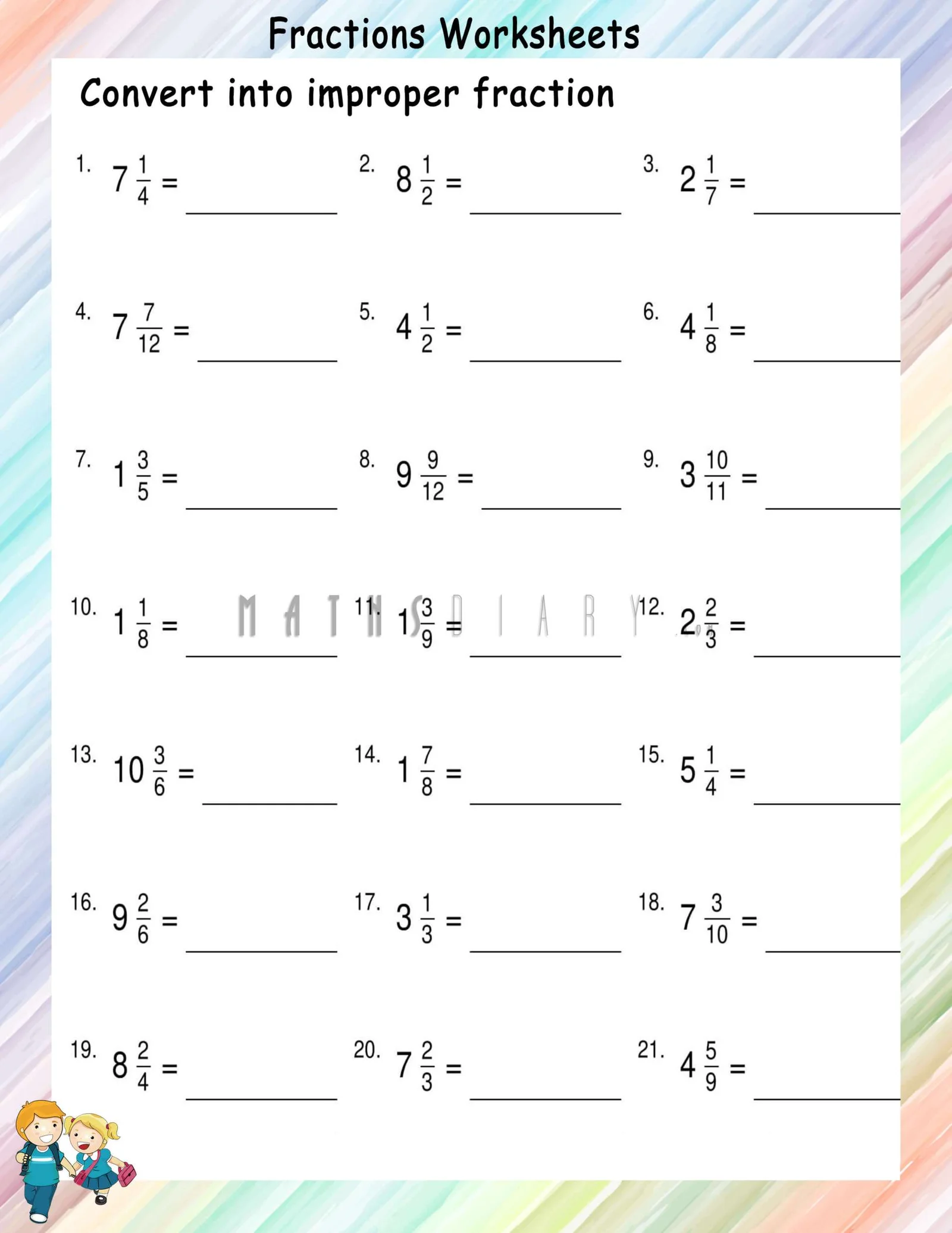 Fun activity sheet for practicing improper fractions and mixed numbers conversion. Colorful worksheet for fourth graders converting improper fractions to mixed numbers while coloring shapes.