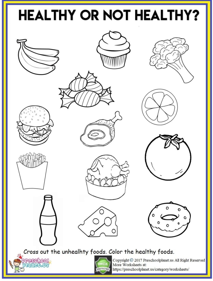 Colorful worksheet featuring healthy food choices for kids to cut and paste