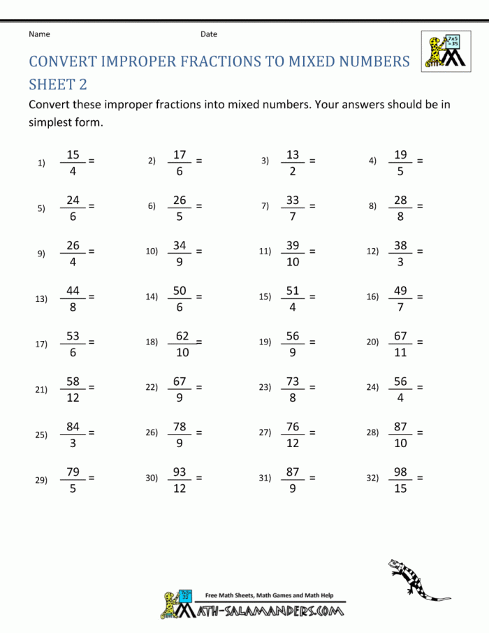 Converting Improper Fractions Worksheet for Grade 4 Activities Colorful worksheet for fourth graders converting improper fractions into mixed numbers while coloring matching shapes