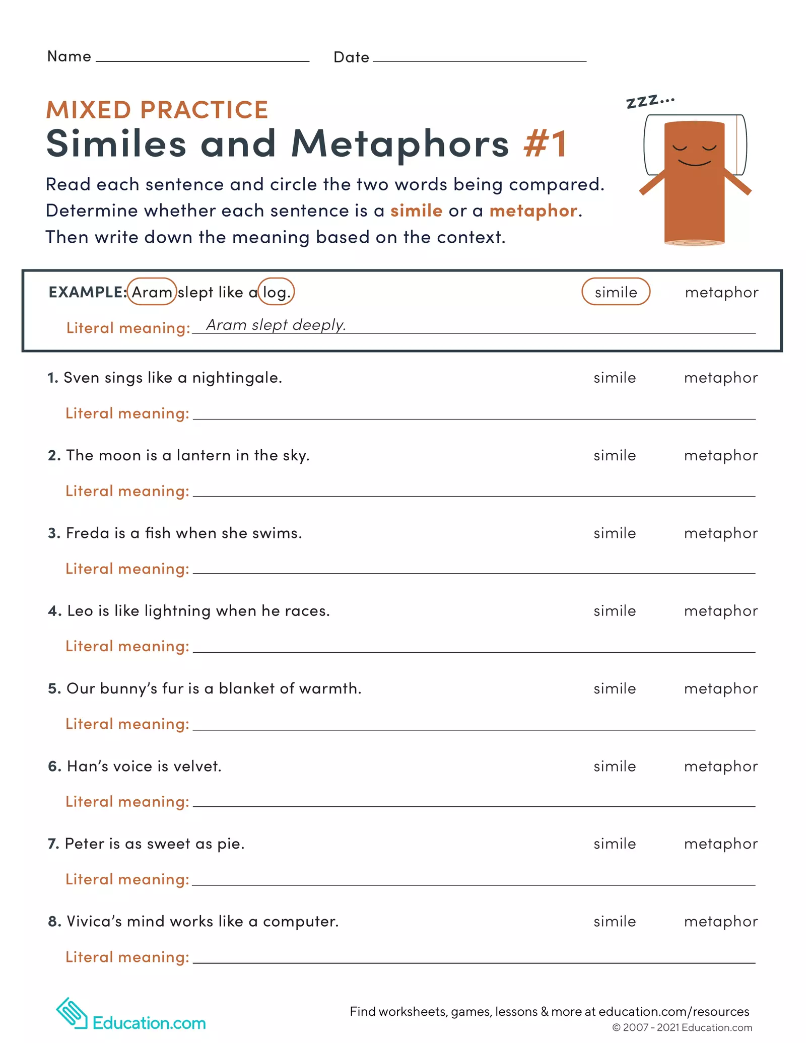 Colorful worksheet featuring Tennyson the Turtle teaching metaphors and similes to fourth graders