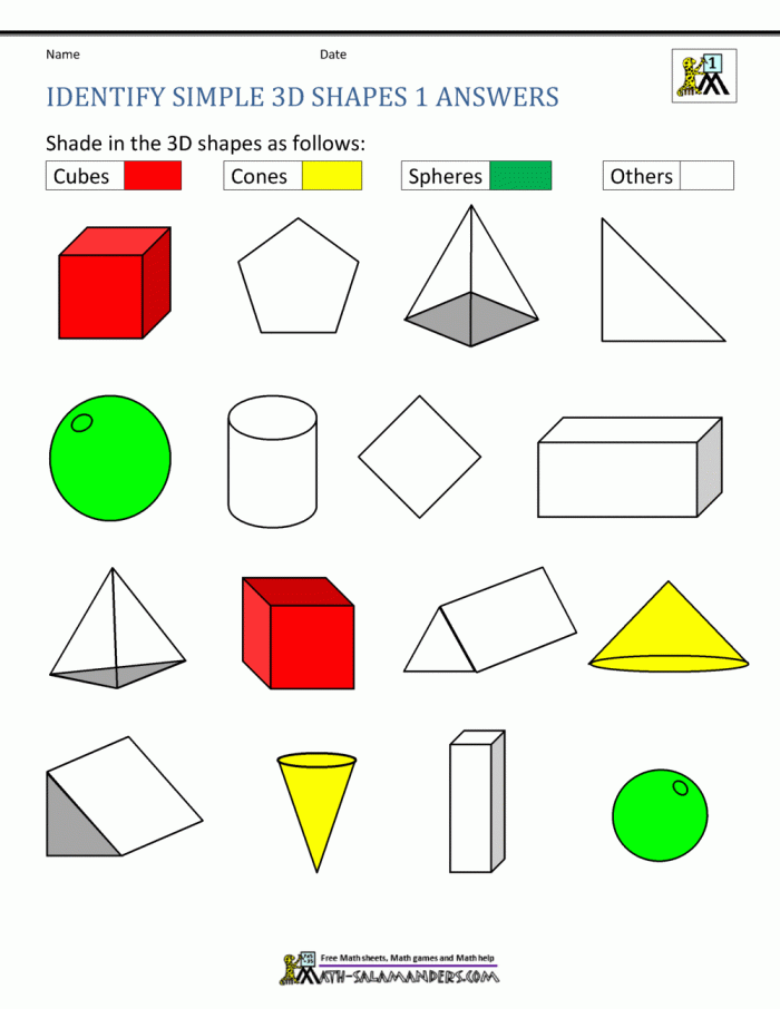 Colorful 3D geometric shapes worksheet for first graders exploring shapes in their environment