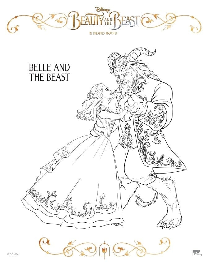Preschooler coloring page featuring Beauty and the Beast characters to learn about colors