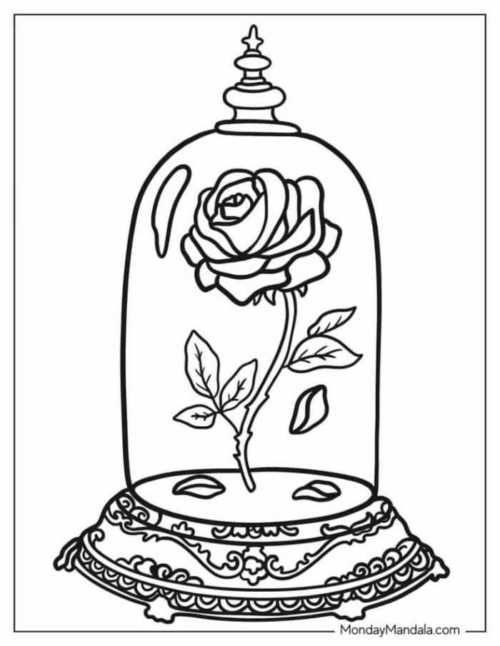 Coloring sheet featuring Beauty and the Beast for young children