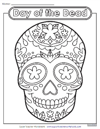 Colorful Day of the Dead skull worksheet for first graders to color. Fun sugar skull activity for celebrating community and culture.