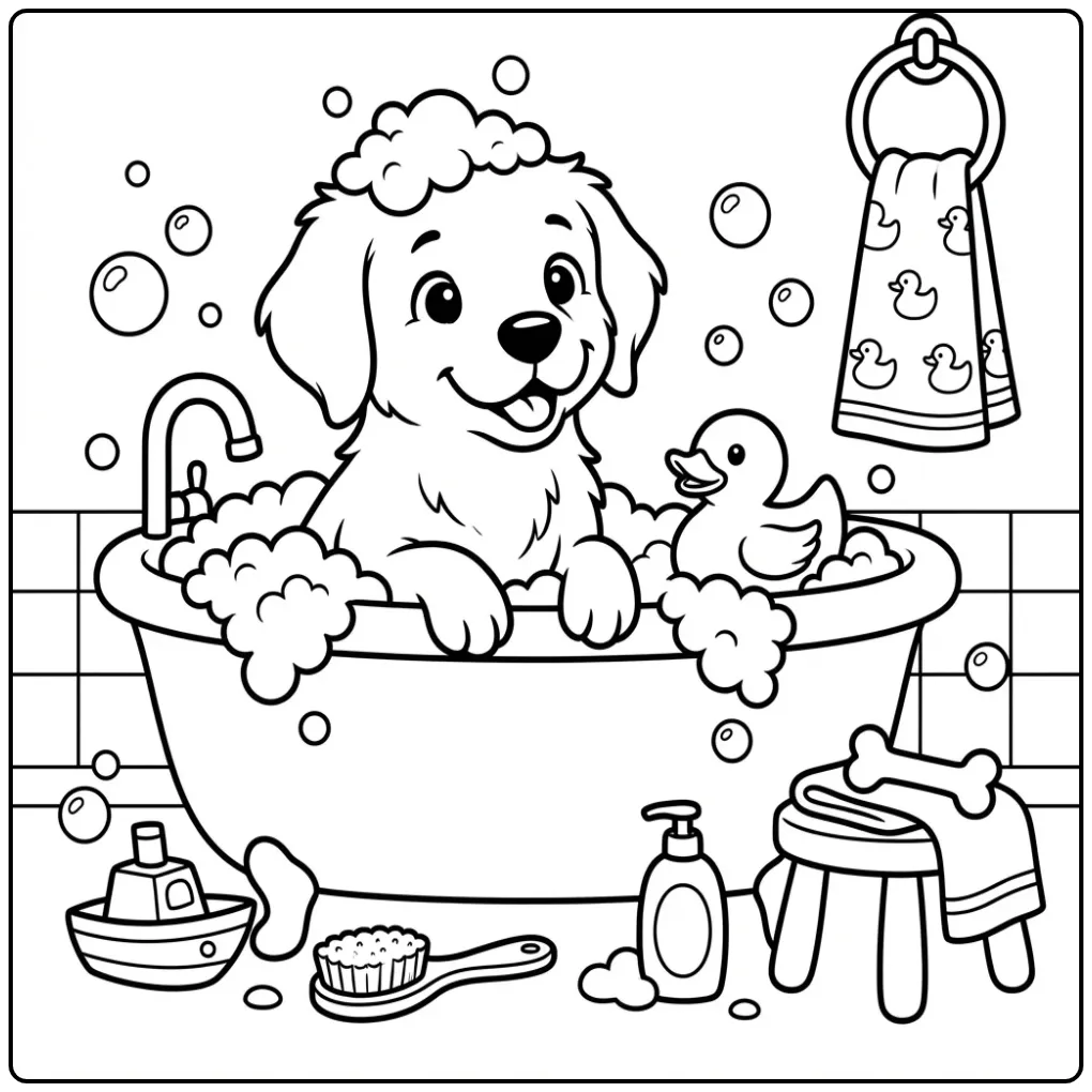 Coloring worksheet featuring a cheerful dog enjoying bath time, perfect for young learners. Color the Dog at Bath Time worksheet for Kindergarten students.