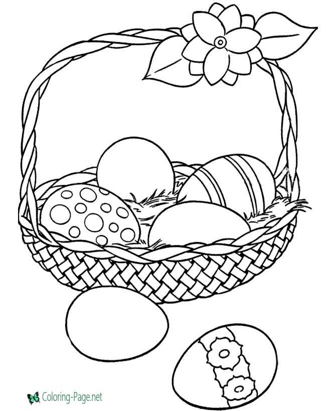 Kindergarten student coloring a festive Easter basket and decorated eggs worksheet