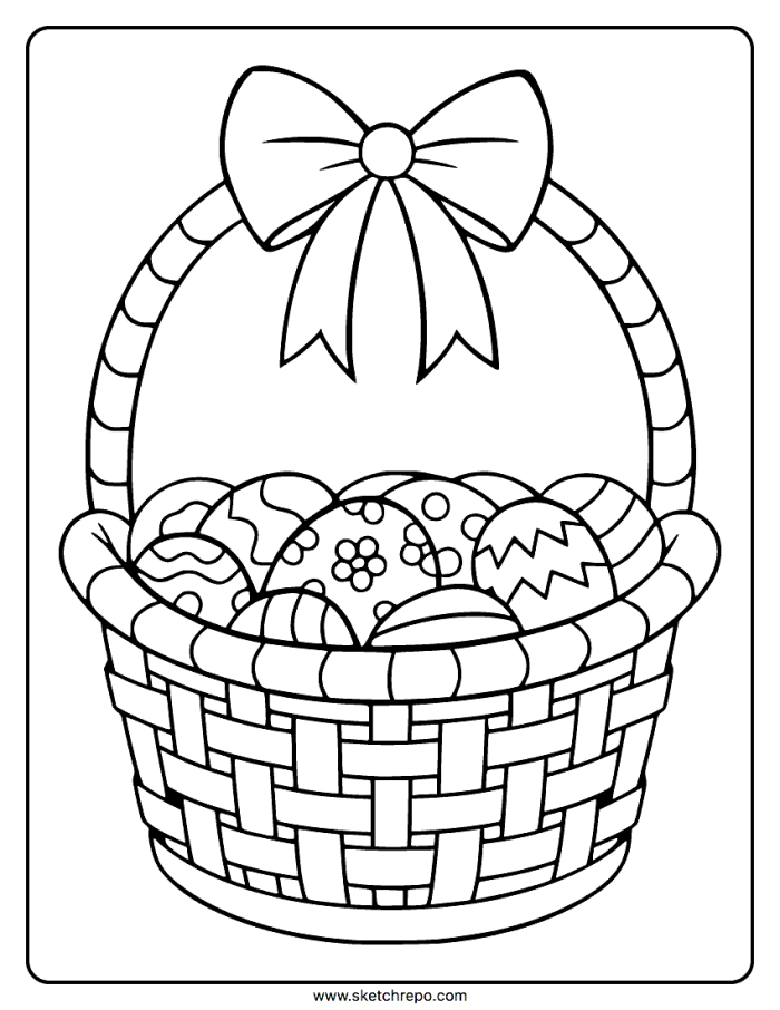 Kindergarten student coloring a festive Easter basket and three patterned eggs on a worksheet