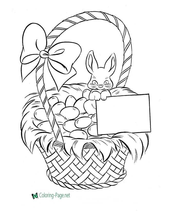 Coloring page featuring an Easter basket with three decorative eggs for children to color. Color the Easter Basket worksheet for kindergarten life science activities.