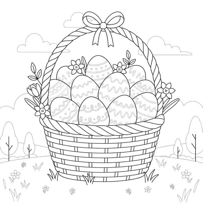 Coloring page featuring an Easter basket with three colorful eggs for children to decorate