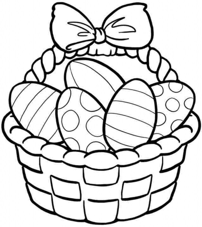 Kindergarten worksheet featuring an Easter basket and three decorated eggs for children to color