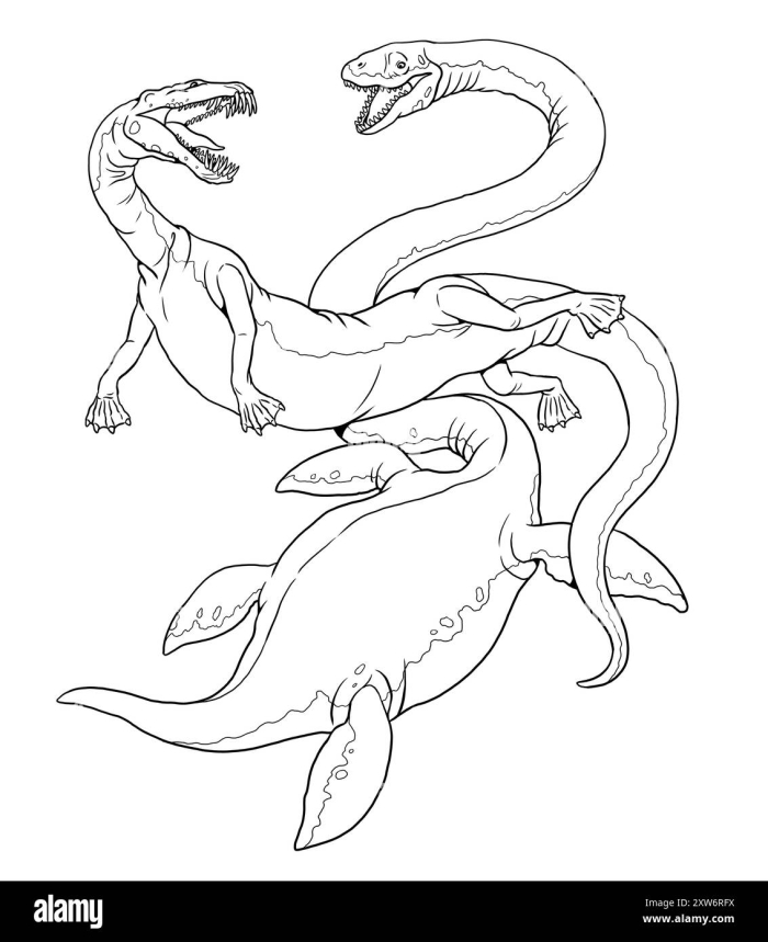 Kindergarten student coloring a prehistoric Elasmosaurus in an underwater habitat worksheet 6