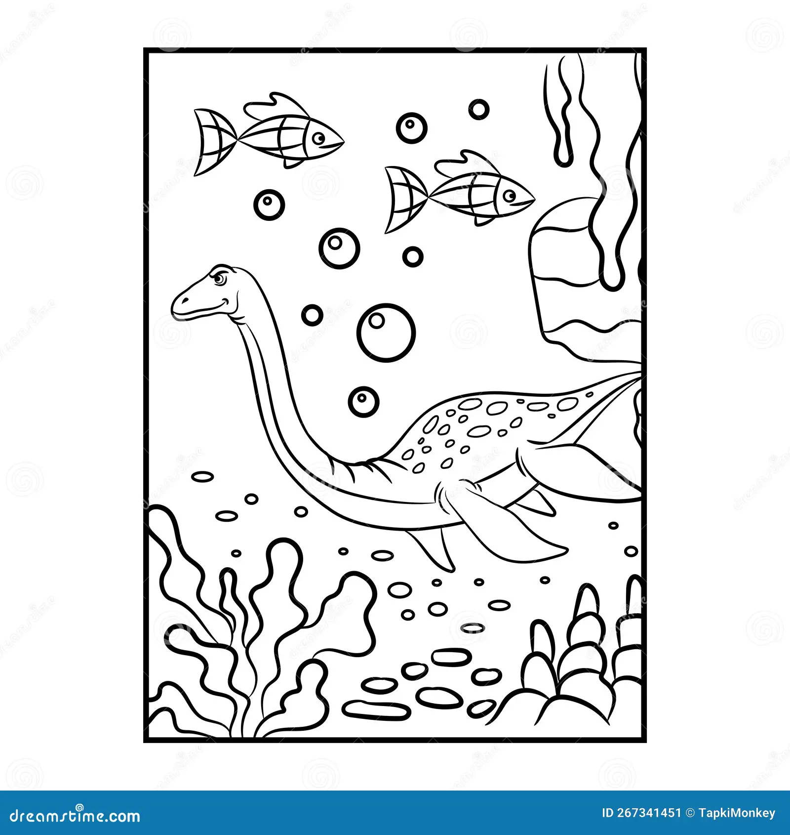 Coloring worksheet featuring the Elasmosaurus in an underwater scene for kids. Elasmosaurus coloring activity for kindergarten students.