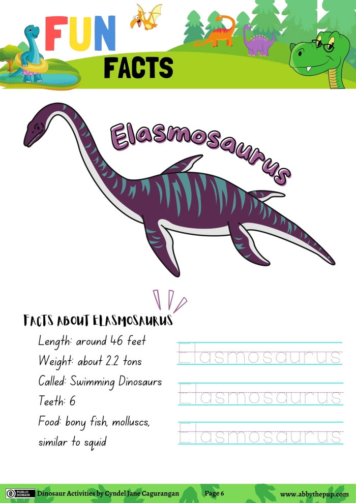 Coloring worksheet featuring the Elasmosaurus swimming in an underwater scene for kindergarten students. Fun and educational activity for young dinosaur and ocean enthusiasts.