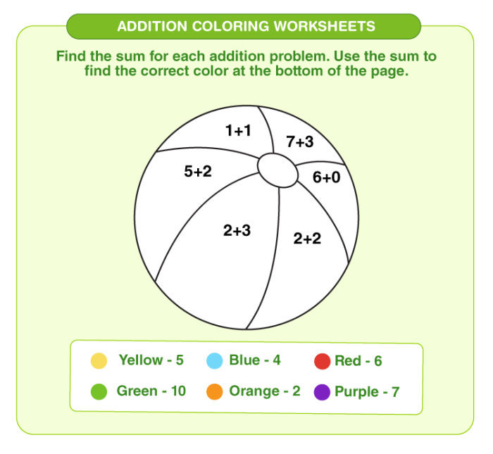 First grade student working on a color by addition facts math worksheet