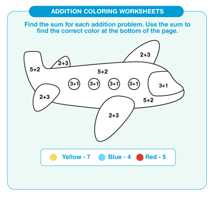 Color by Addition Facts worksheet featuring fun addition and subtraction problems for first graders