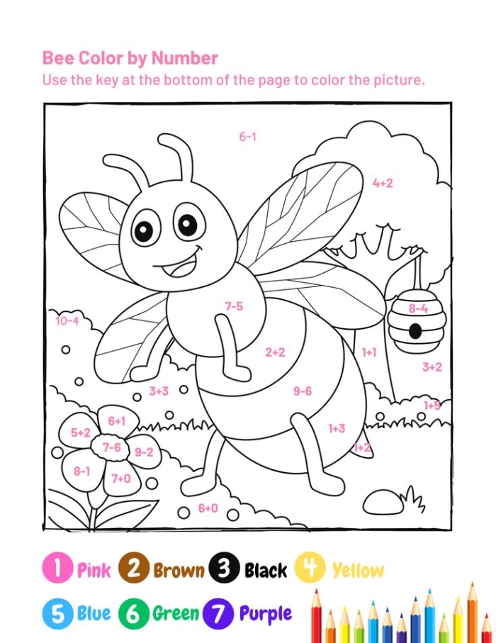 First grade student completing a color by addition facts worksheet with math problems