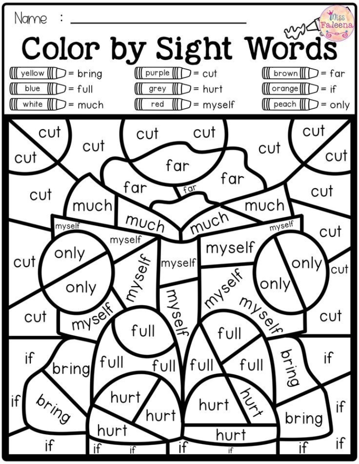 Interactive first grade reading worksheet where children color words that rhyme to uncover a hidden image Color the Rhyming Sight Words III worksheet for first graders featuring a rhyming activity with the word play