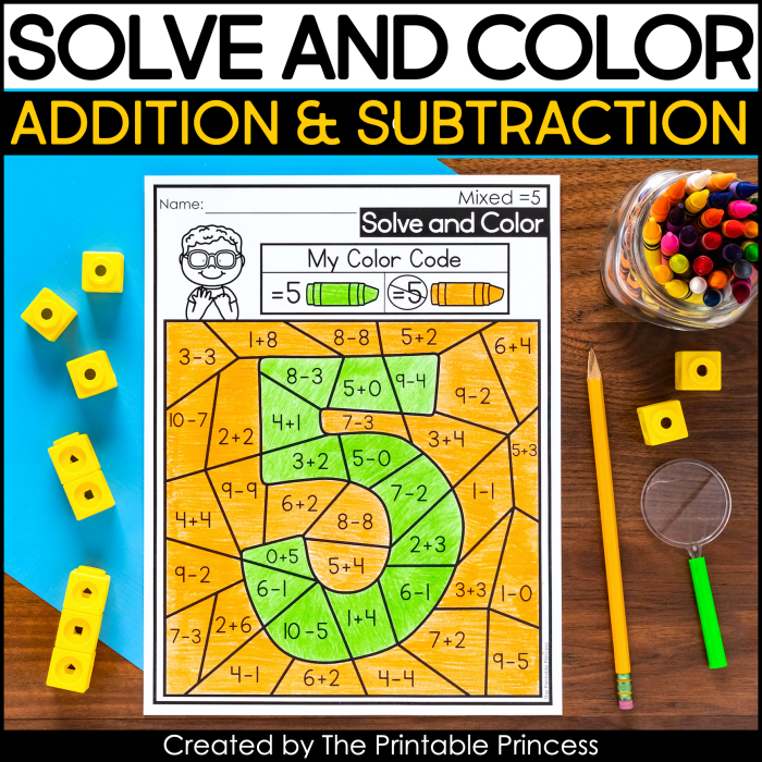 Color by Simple Subtraction worksheet featuring colorful subtraction problems for first graders