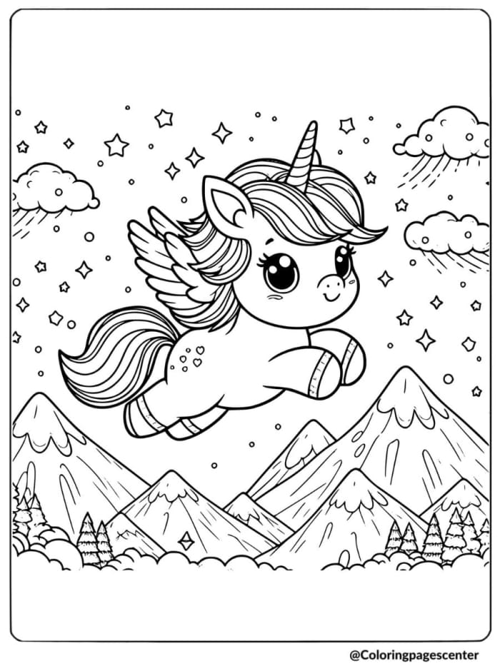 A whimsical coloring page of a winged unicorn soaring through a vibrant rainbow for kids to enjoy. Color the Flying Unicorn worksheet for Pre-K students to explore their creativity.