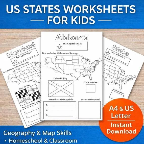 U.S. map worksheet for third graders to color their home state and travel destinations