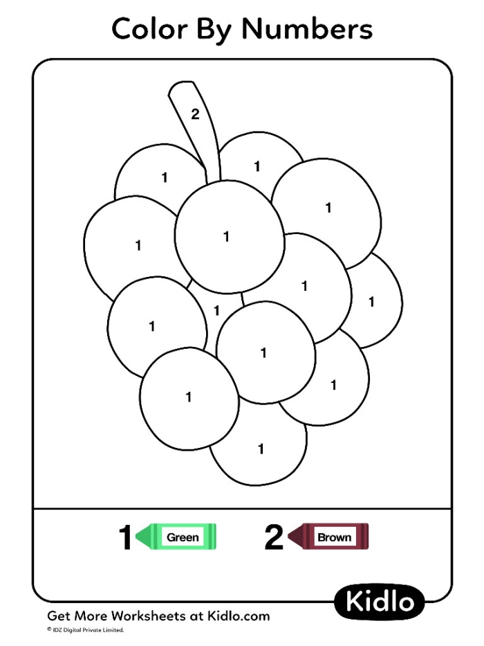 Color by number worksheet featuring various fruits for kids