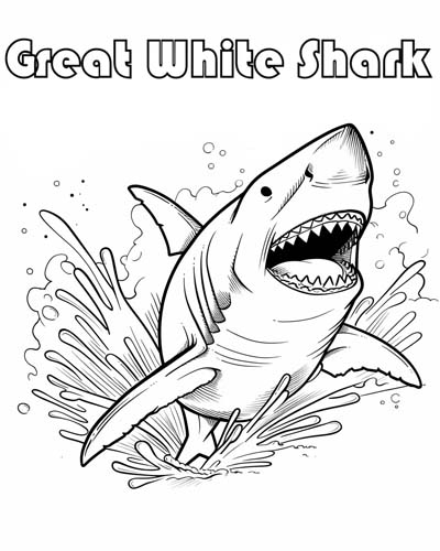 Coloring page of a smiling great white shark for preschoolers to practice coloring