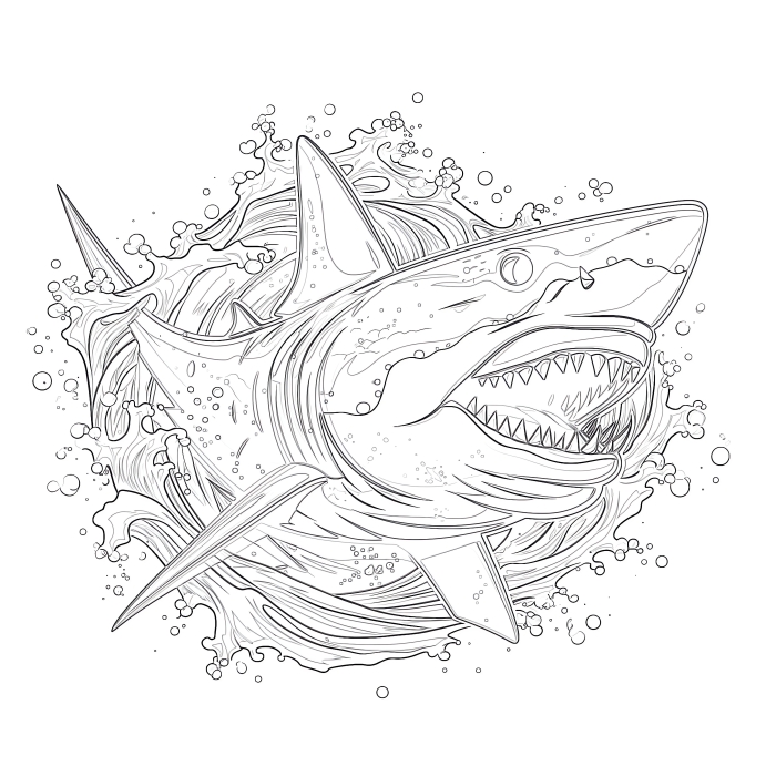 A coloring page of a friendly great white shark for preschoolers to practice science coloring skills