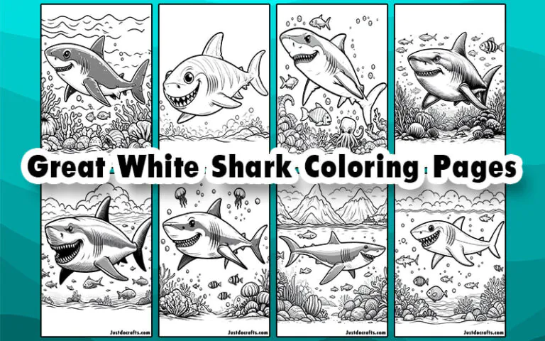 Coloring page of a fierce great white shark for preschoolers learning about marine life