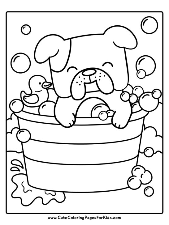 Kindergarten worksheet featuring a dog getting a bath for students to color