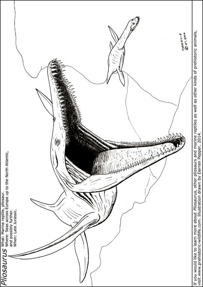 Kindergarten coloring worksheet featuring a friendly Elasmosaurus swimming in an underwater prehistoric landscape