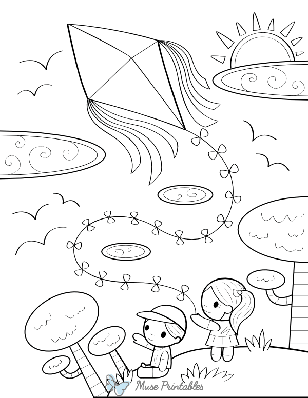A child joyfully flying a kite on a sunny spring day in a coloring worksheet