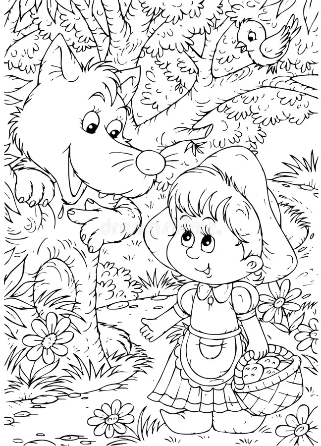 Coloring worksheet featuring a cute Little Red Riding Hood scene for Pre-K addition practice 9